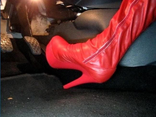 Revving in hot Red Tigh High Plateau Boots