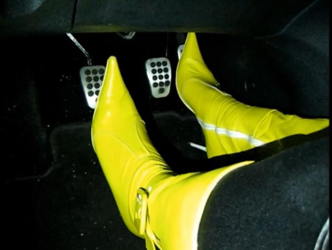 Driving very hard in yellow leather boots
