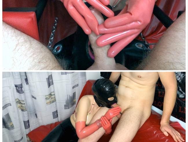 Das Latex Maul gestopft. Teeny bläst dein Schwanz