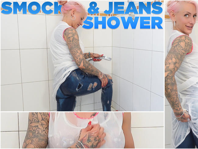 Smock & Blue Jeans Wetlook Shower I Wetlook Kittel Dusche in Jeans, weißem Top und Dederonkittel
